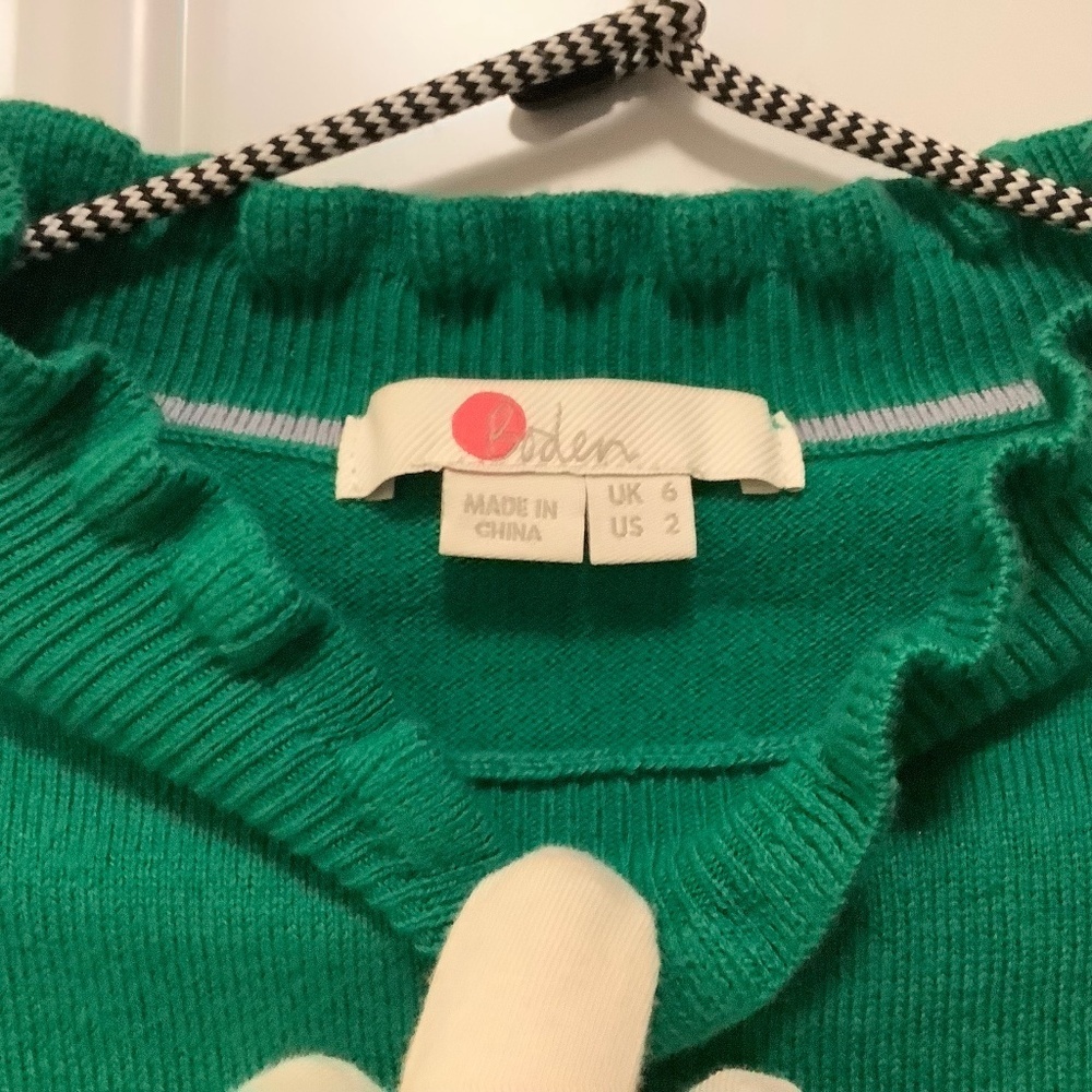 Boden|Cotton/Wool Blend Kelly Green Preppy Academia Ruffle Crewneck Sweater US 2 - Picture 2 of 8